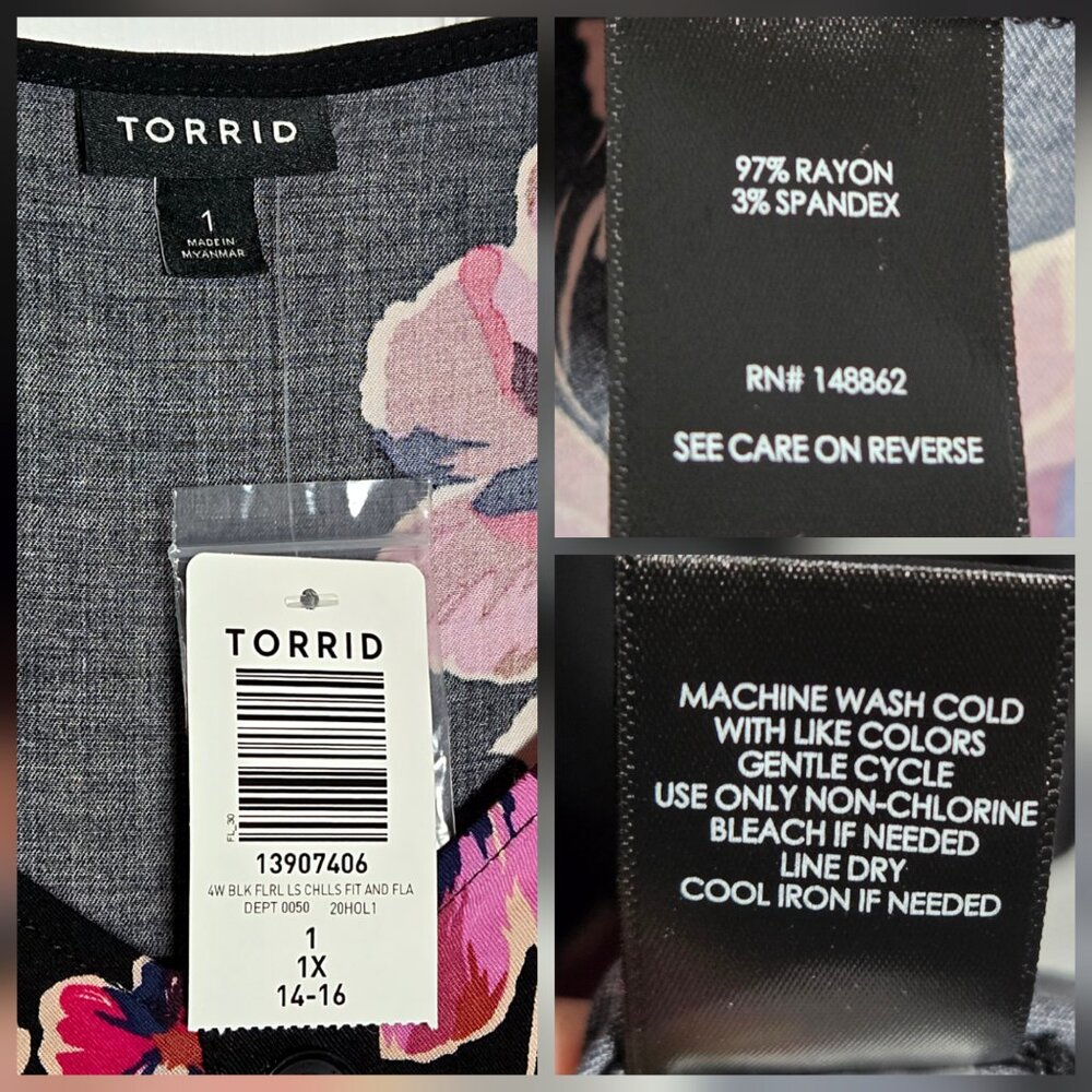 Torrid NEW Challis Fit and Flare Black Floral Blouse - Size:1 (1X – 14W/16W) - Picture 3 of 3